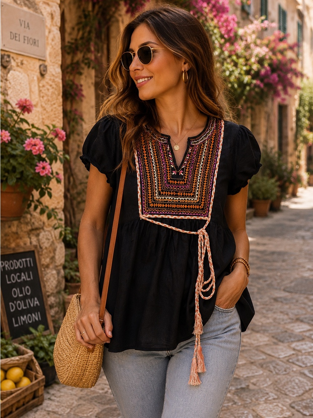 Embroidered Black Boho Tunic Top with Tie Detail